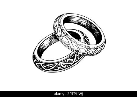 Vector hand drawn illustration of wedding jewelry rings in vintage engraved style. Stock Vector