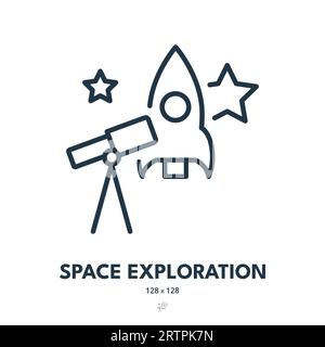 Space Exploration Icon. Stars, Rocket, Telescope. Editable Stroke. Simple Vector Icon Stock Vector