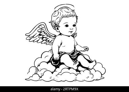 Hand drawn engraving sketch of cute little angel sits on a cloud. Vector illustration. Stock Vector