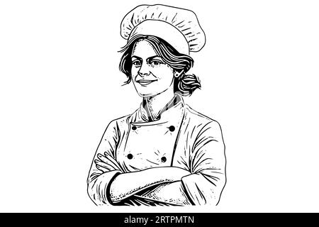 Woman chef ink sketch in engraving style. Drawing young female vector illustration. Stock Vector