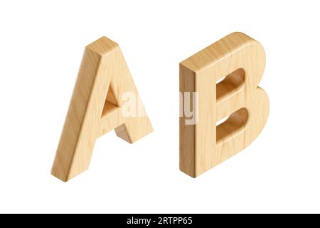 Letters made of wood. 3d isometric illustration of wooden alphabet isolated on white background Stock Photo