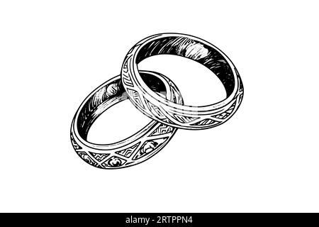 Vector hand drawn illustration of wedding jewelry rings in vintage engraved style. Stock Vector