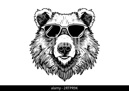 Bear head in glasses logotype vector engraving style illustration. Stock Vector