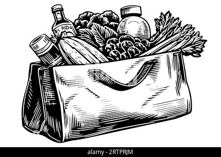 Grocery bag full of food engraving sketch vector hand-drawn illustration. Stock Vector