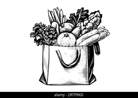 Grocery bag full of food engraving sketch vector hand-drawn illustration. Stock Vector