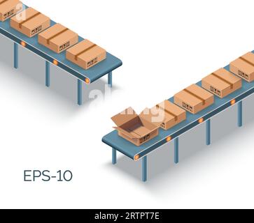 Conveyor with boxes. Vector illustration of transporter belt with cardboard boxes on it. Delivery concept Stock Vector