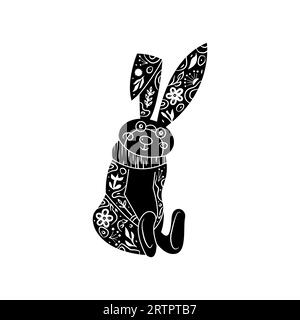Adorable hare or wild rabbit sitting in flowers, hand drawn in linocut style. Linocut style vector illustration, isolated on white background Stock Vector