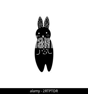 Adorable hare or wild rabbit sitting in flowers, hand drawn in linocut style. Linocut style vector illustration, isolated on white background Stock Vector