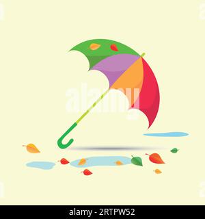 An open umbrella among puddles and leafy trees Stock Vector