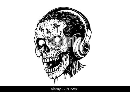Zombie head on headphones ink sketch. Walking dead hand drawing vector ...