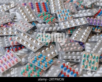 Big heap of various pills and tablets packs and blisters. High quality 3d render Stock Photo