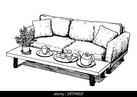Vintage sofa hand drawn ink sketch. Engraving style vector illustration ...
