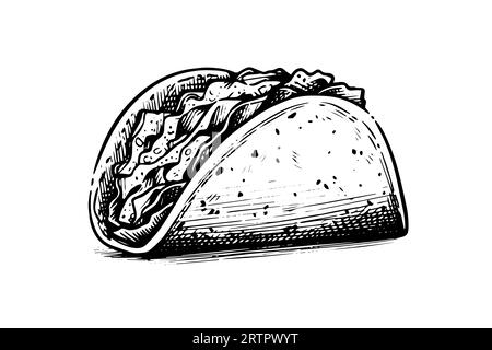 Hand drawn ink sketch of taco. Traditional mexican fast food illustration. Vector drawing. Stock Vector