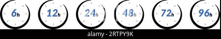 24h and 48h fast delivery time icon. Clock showing 12 and 6 hours, for sale and fast delivery logo. Represents 24, 36, and 72 hrs. Flat vector Stock Vector