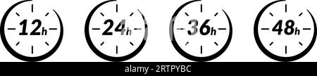 12 and 24-hour clock icon .48h and 72h fast delivery timer. Special day sales with 24h and 36-hour logos, open arrow effects for time display. Flat Stock Vector