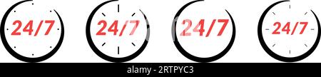 24/7 customer support icon with clock. around the clock service, open hours, and emergency hotline. for call center, work. Open day and night. Flat Stock Vector