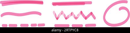 Brush and highlight in pink, marker pen for underlining, pencil doodle. Paint effects and sketches marked with crayon. Flat vector illustrations Stock Vector
