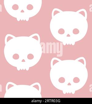 Vector seamless pattern of hand drawn flat cute cat skull silhouette isolated on pink background Stock Vector