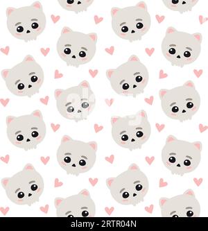 Vector seamless pattern of hand drawn flat cute cat skull and hearts isolated on white background Stock Vector