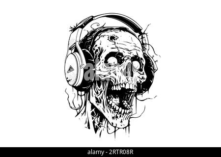 Zombie head on headphones ink sketch. Walking dead hand drawing vector ...