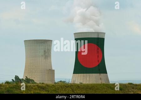 The Bangladesh flag is depicted on the cooling tower of the nuclear power plant. Stock Photo