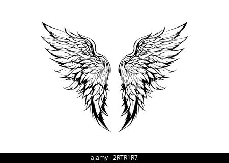 Angel wings ink sketch in engraving style. Hand drawn fenders vector illustration. Stock Vector