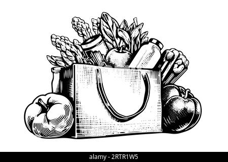 Grocery bag full of fruits and vegetables engraving sketch vector hand-drawn illustration. Stock Vector