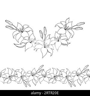 Lilly flower black ink garland for design of card or invite.Vector hand drawn illustration, isolate on white background Stock Vector