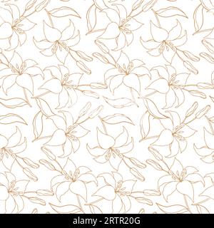 Lilly flower monochrome seamless pattern for textile or wallpaper, floral hand drawn line art vector background. Stock Vector