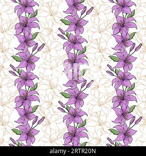 Lilly violet flower stripes seamless pattern for textile or wallpaper, floral hand drawn vector background . Stock Vector