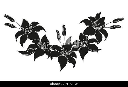 Lilly flower silhouette garland for design of card or invite.Vector hand drawn illustration, isolate on white background Stock Vector