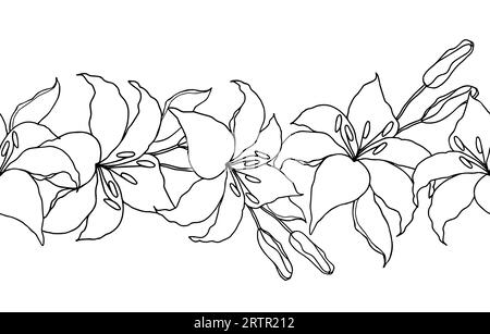 Lilly line art flower seamless garland for design of card or invite.Vector black and white hand drawn illustration, isolate on white background. Stock Vector