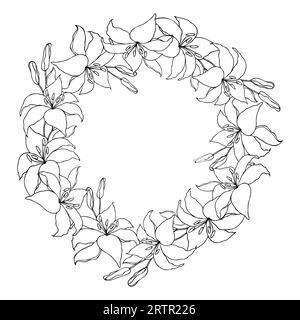 Lilly flower line art garland circle wreath set, vector background Stock Vector