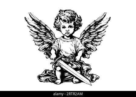 Little angel with sword vector retro style engraving black and white illustration. Cute baby with wings. Stock Vector