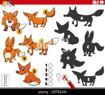 Cartoon illustration of finding the right shadows to the pictures educational game with foxes animal characters Stock Vector