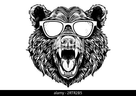 Bear head in glasses logotype vector engraving style illustration. Stock Vector