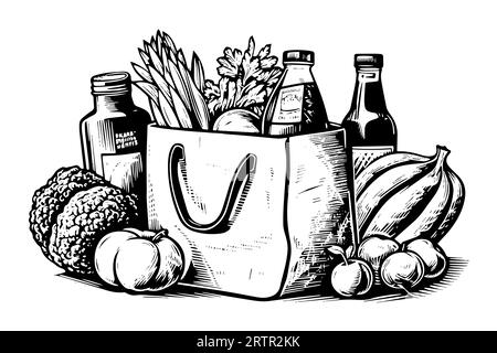 Grocery bag full of fruits and drinks engraving sketch vector hand-drawn illustration. Stock Vector