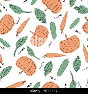 Assorted vegetables seamless pattern with pumpkin, carrotm spinach and artichoke on a white background. Stock Vector