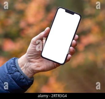 Male hand holding mobile phone screen mockup over autumn background Stock Photo