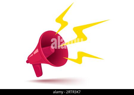 Vector icon of vintage megaphone for fake, breaking news or sale. Vector retro red megaphone with lightning. Stock Vector