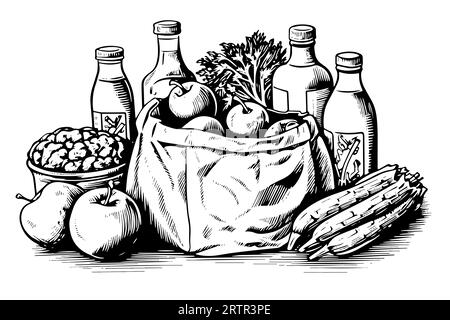 Grocery bag full of fruits and drinks engraving sketch vector hand-drawn illustration. Stock Vector