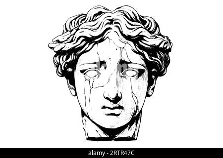 Cracked statue head of greek sculpture hand drawn engraving style sketch. Vector illustration. Image for print, tattoo, and your design. Stock Vector