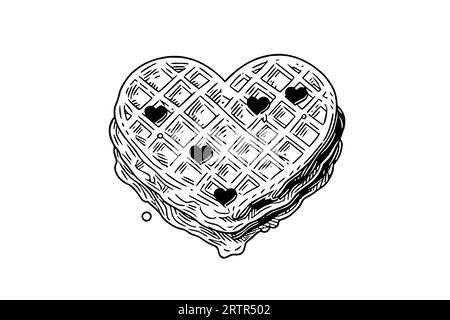Waffles heart shaped hand drawn ink sketch. Engraving style vector illustration. Stock Vector