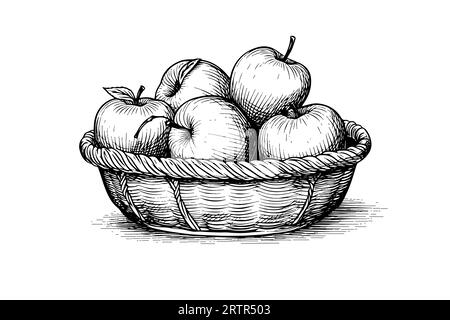 Apples in a basket fruit hand drawn engraving style vector illustrations. Stock Vector