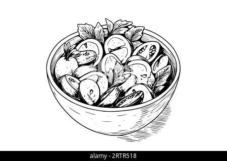 Bowl vegetables salad ink sketch hand drawn. Engraving style vector illustration. Stock Vector