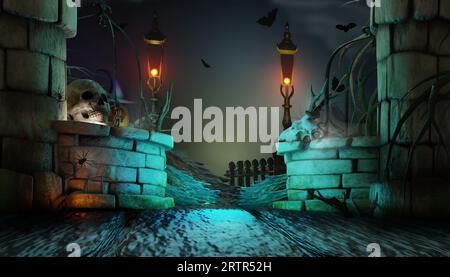 Halloween background. Spooky horror night scene with gate do the old enchanted castle, human skull, flying bats and lantern. 3D render illustration. Stock Photo