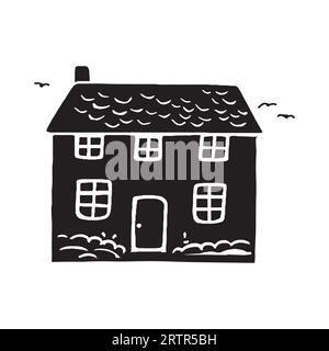 Quirky rural cabin holiday home vector illustration. Block print real estate graphic for scandi winter scene doodle, whimsy minimal stylized domestic Stock Vector