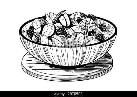 Bowl vegetables salad ink sketch hand drawn. Engraving style vector illustration. Stock Vector