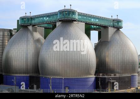 Digester eggs of Newtown Creek Wastewater Treatment Plant, Brooklyn, New York. The digester uses anaerobic bacteria to digest sewage. Stock Photo