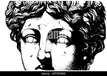 Cracked statue face of greek sculpture hand drawn engraving style sketch. Vector illustration. Image for print, tattoo, and your design. Stock Vector